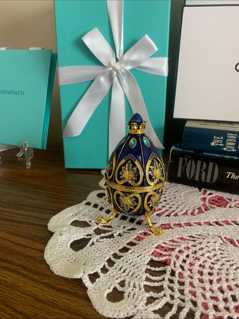 Ornate Dark Blue Jeweled Egg Trinket Box - Home Holiday Decor